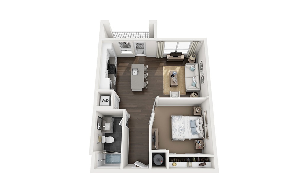 A1 - 1 bedroom floorplan layout with 1 bathroom and 670 square feet (3D)