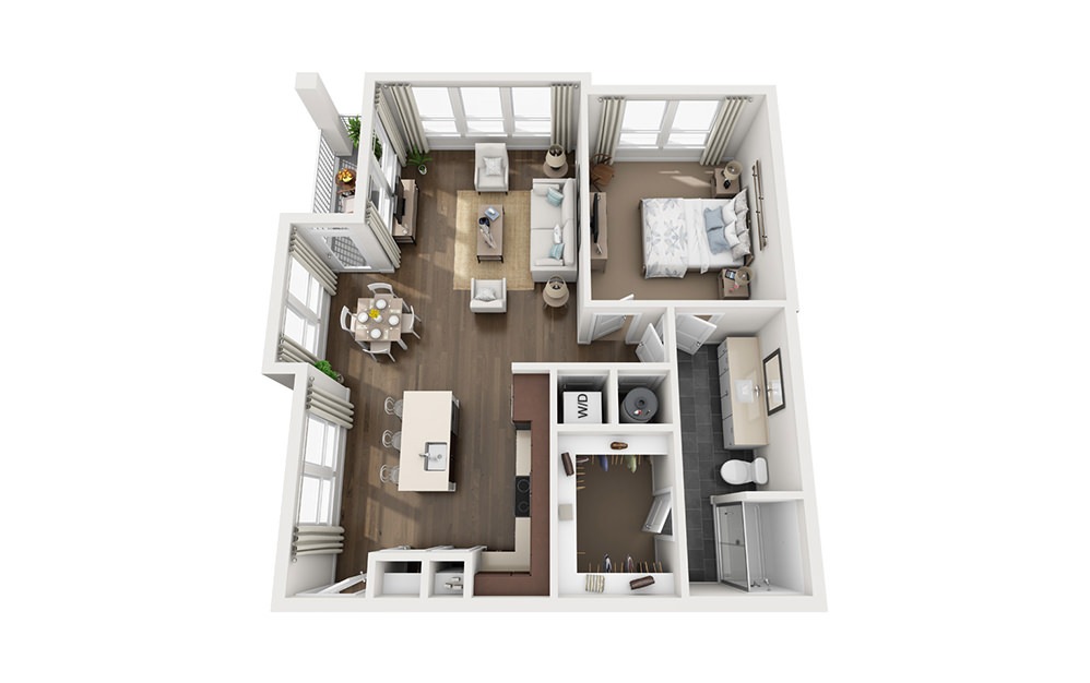 A4 - 1 bedroom floorplan layout with 1 bathroom and 887 square feet (3D)