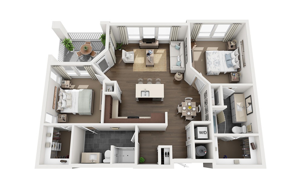 B1 - 2 bedroom floorplan layout with 2 bathrooms and 1089 square feet (3D)