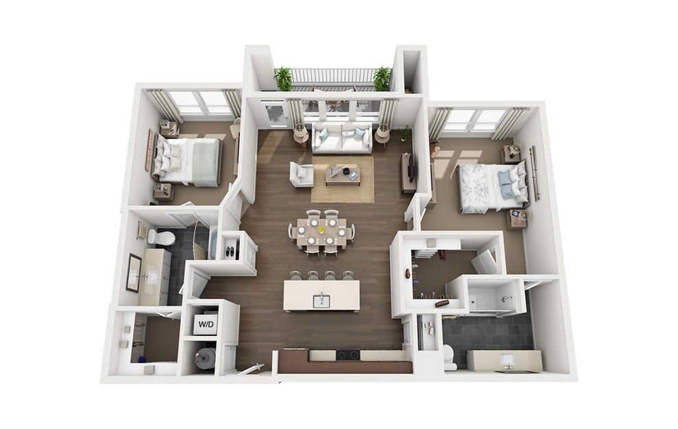 B2 - 2 bedroom floorplan layout with 2 baths and 1250 square feet. (3D)