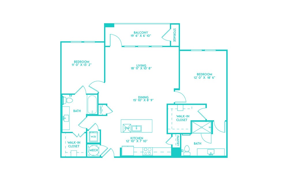 B2 - 2 bedroom floorplan layout with 2 baths and 1250 square feet. (2D)