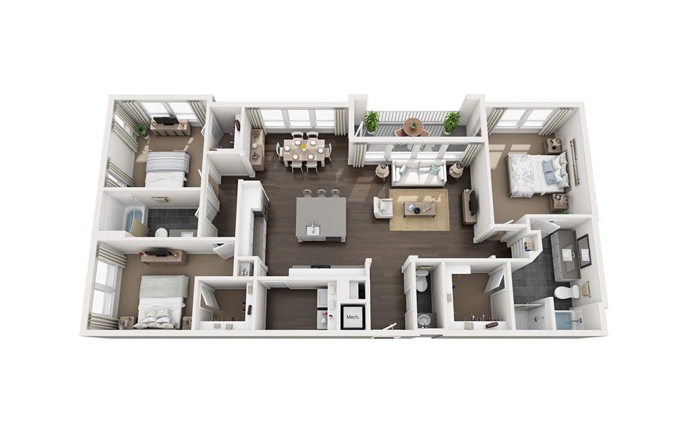 C1 - 3 bedroom floorplan layout with 2.5 bathrooms and 1567 - 1598 square feet (3D)